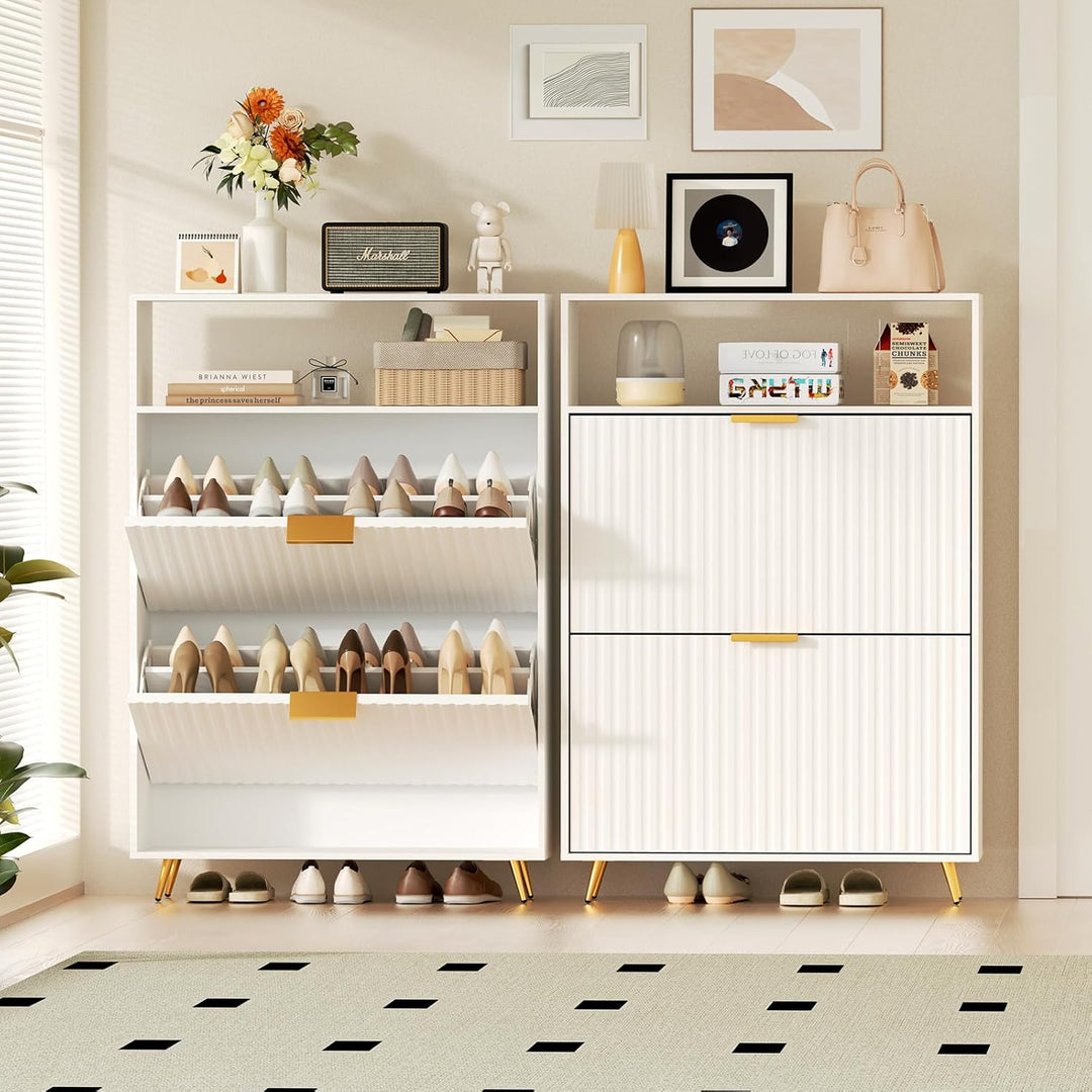 Urban Deco Schuhschrank Weiss, Schuhkipper mit 2 Klappen, Schuhregal Schmal mit Metallfüssen, Schuhs