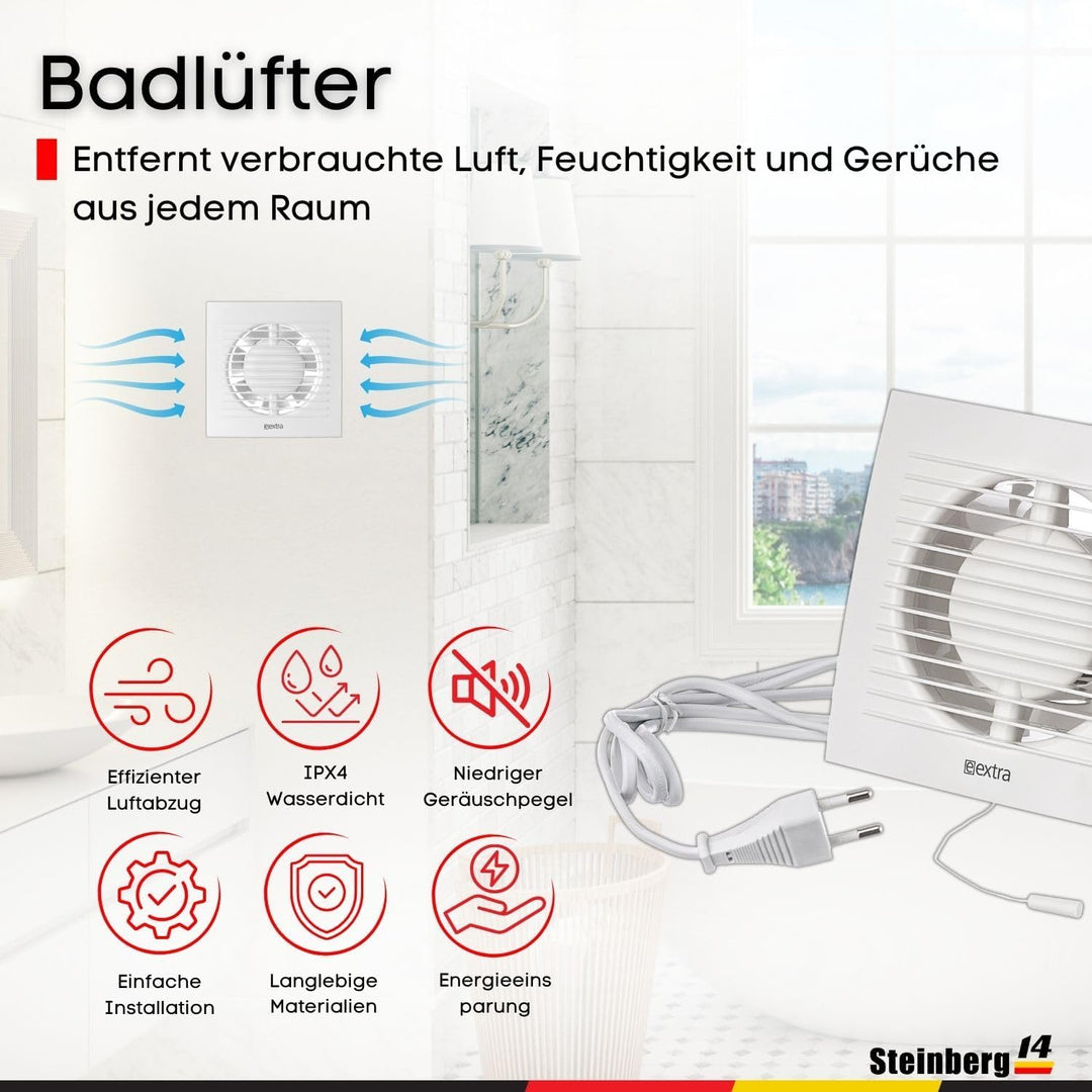 Steinberg14 Badlüfter Ø 100mm Weiss mit Zugschnur und Stecker - Abluftventilator Ventilator Lüfter B