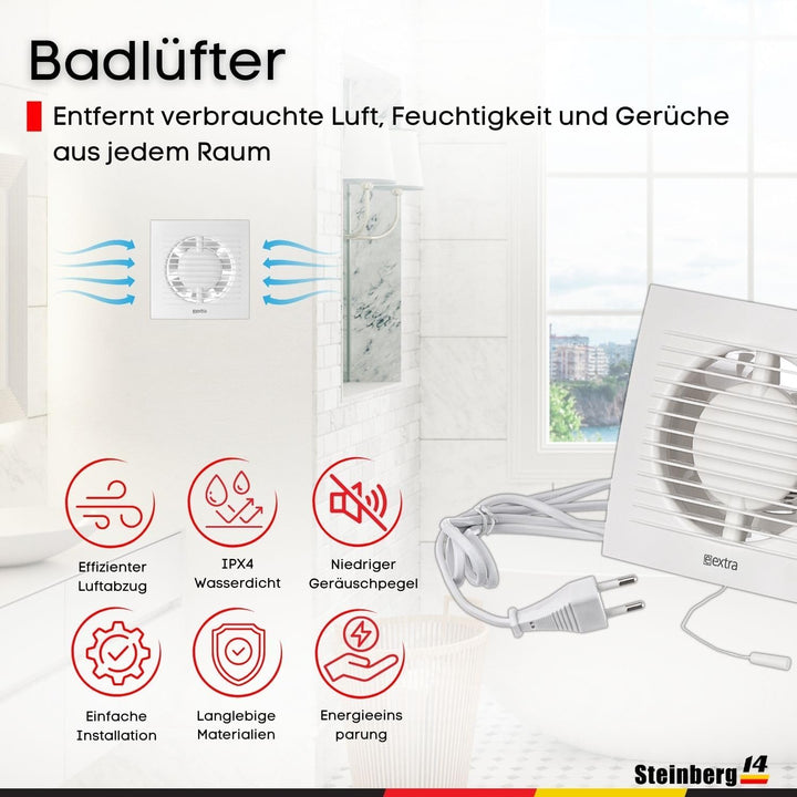 Steinberg14 Badlüfter Ø 100mm Weiss mit Zugschnur und Stecker - Abluftventilator Ventilator Lüfter B