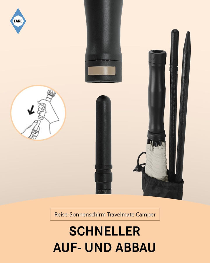 FARE Reise-Sonnenschirm Travelmate Camper UV Schutz 50+ für Koffer Flugzeug Camping Balkon Strand Ga