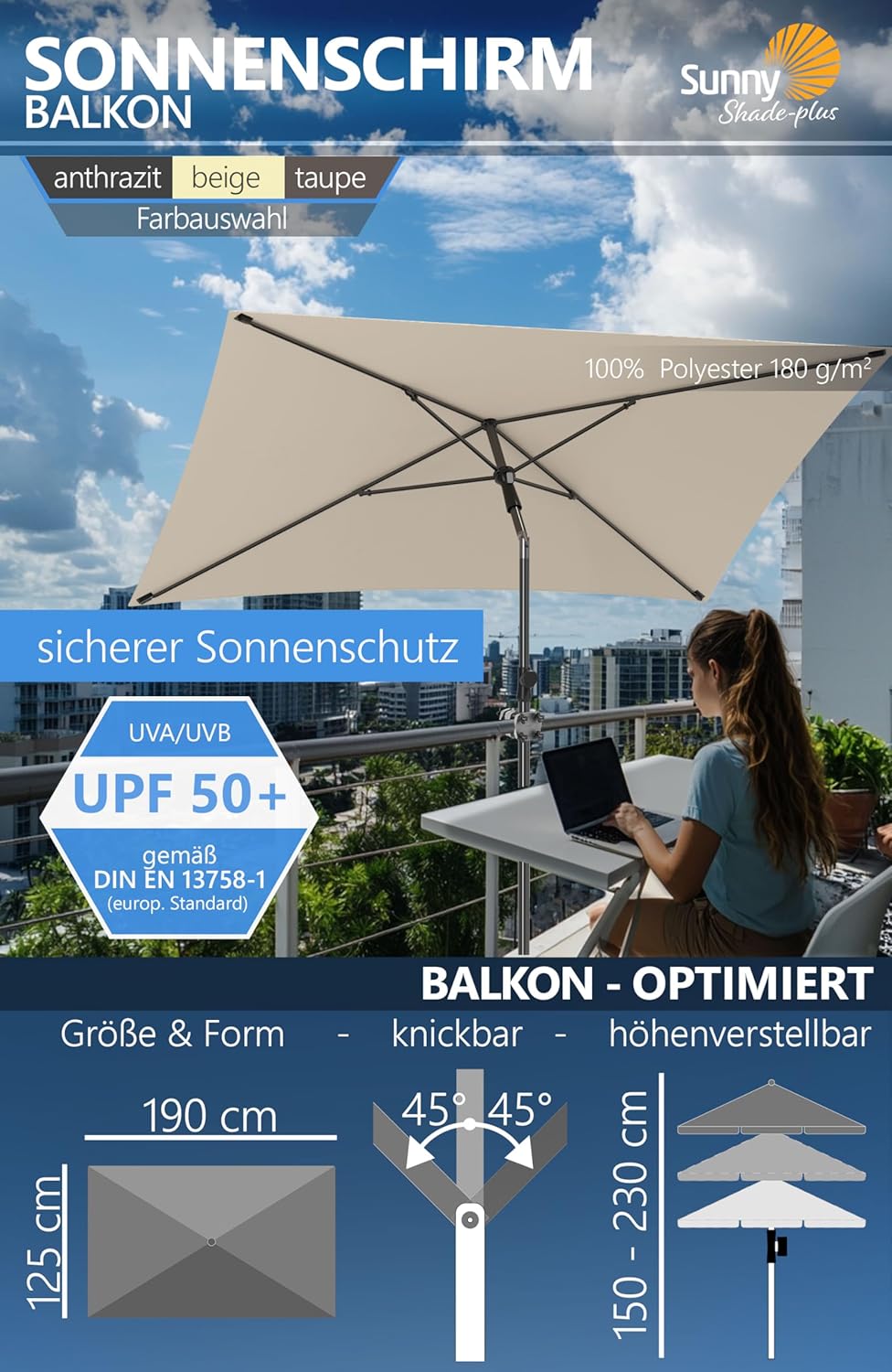 4smile Sonnenschirm Balkon SunnyShade, Sonnnenschutz Balkon SET 3-in-1, Beige - UV50+ SunnyGuy Sonne