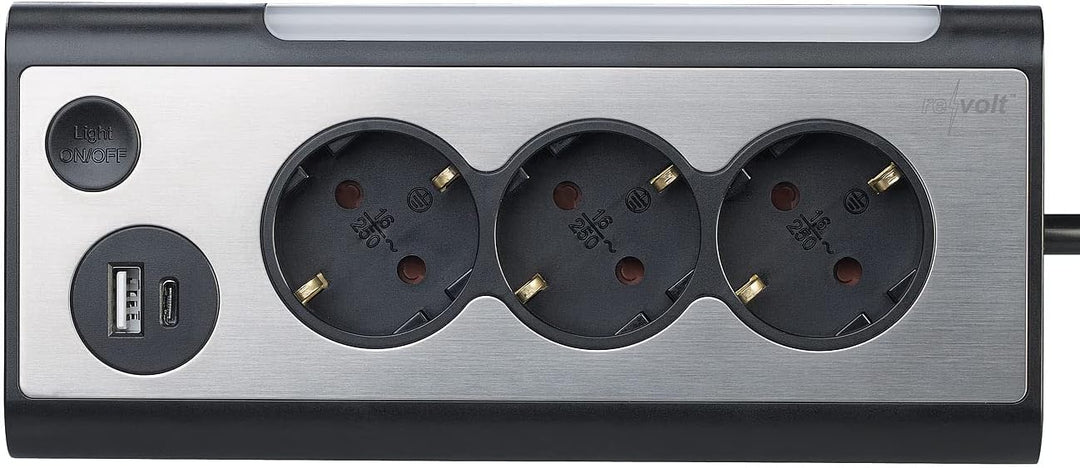revolt Mehrfachstecker: 3-Fach-Steckdose mit LED-Nachtlicht, 1x USB A QC, 1x USB C PD, schwarz (Ecks