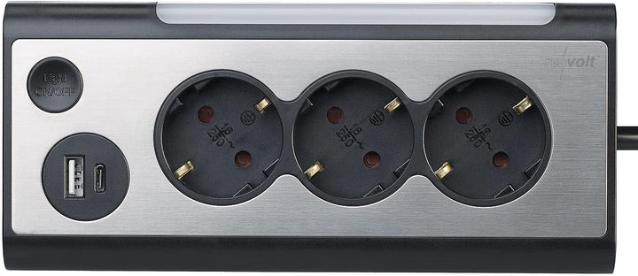revolt Mehrfachstecker: 3-Fach-Steckdose mit LED-Nachtlicht, 1x USB A QC, 1x USB C PD, schwarz (Ecks