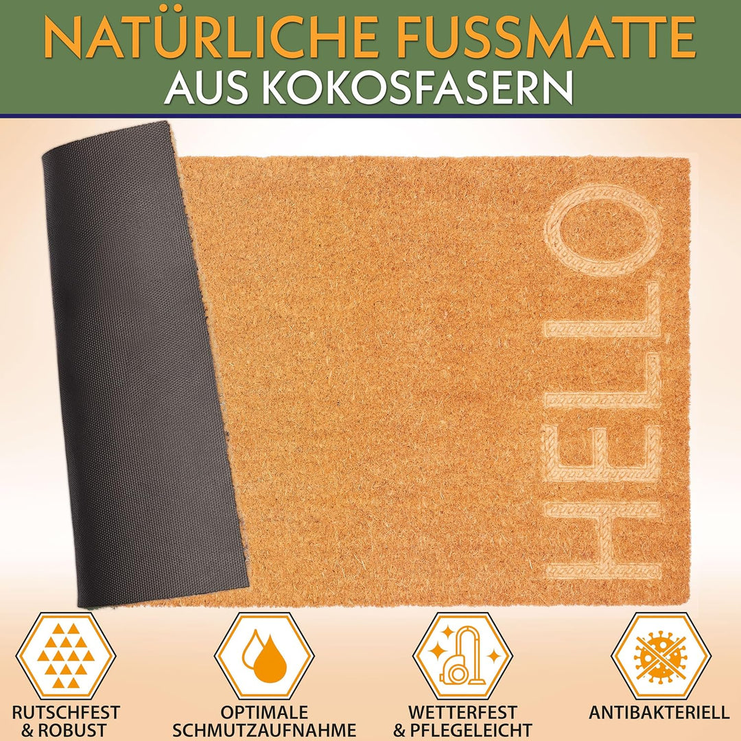 BRUBAKER Fussmatte für Aussen und Innen - Hello - 45 x 75 cm Schmutzfangmatte aus 100% Kokos - 3D Fu