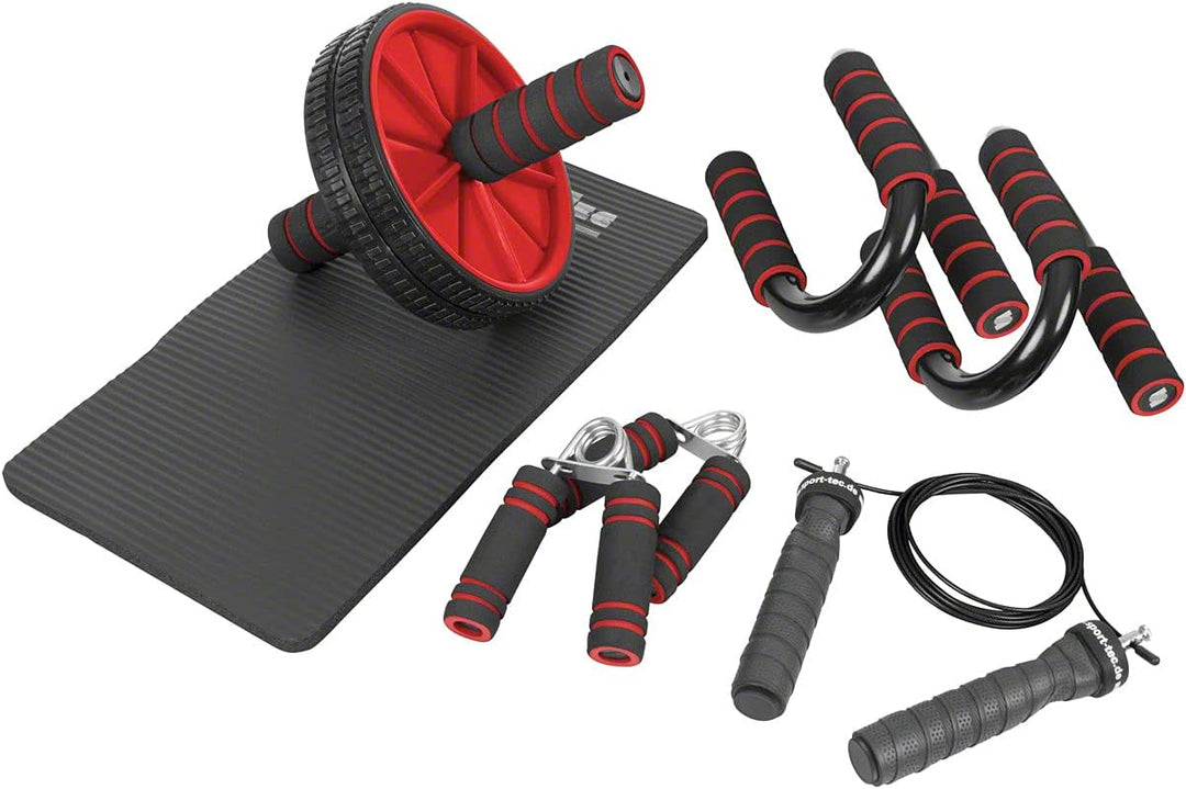 Fitness Set 4-TLG Push-Up Liegestütz Trainer Bauchtrainer Handtrainer Springseil Rot, Rot