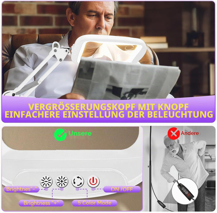 NZQXJXZ 10X 30X Rechteck Lupe mit Licht und Ständer, 2-in-1 Lupenlampe mit 60 Einstellbaren Helligke