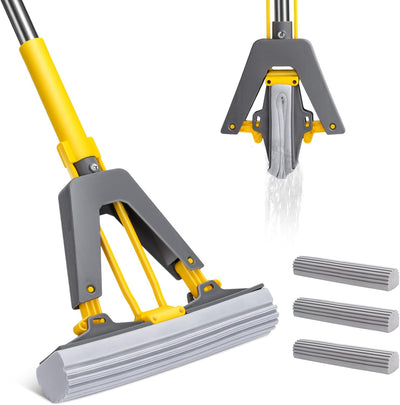 Masthome Schwamm Wischmopp,Schwammwischer mit 128cm Stiel Saugfähig Schwamm Bodenwischer mit 3 Schwa