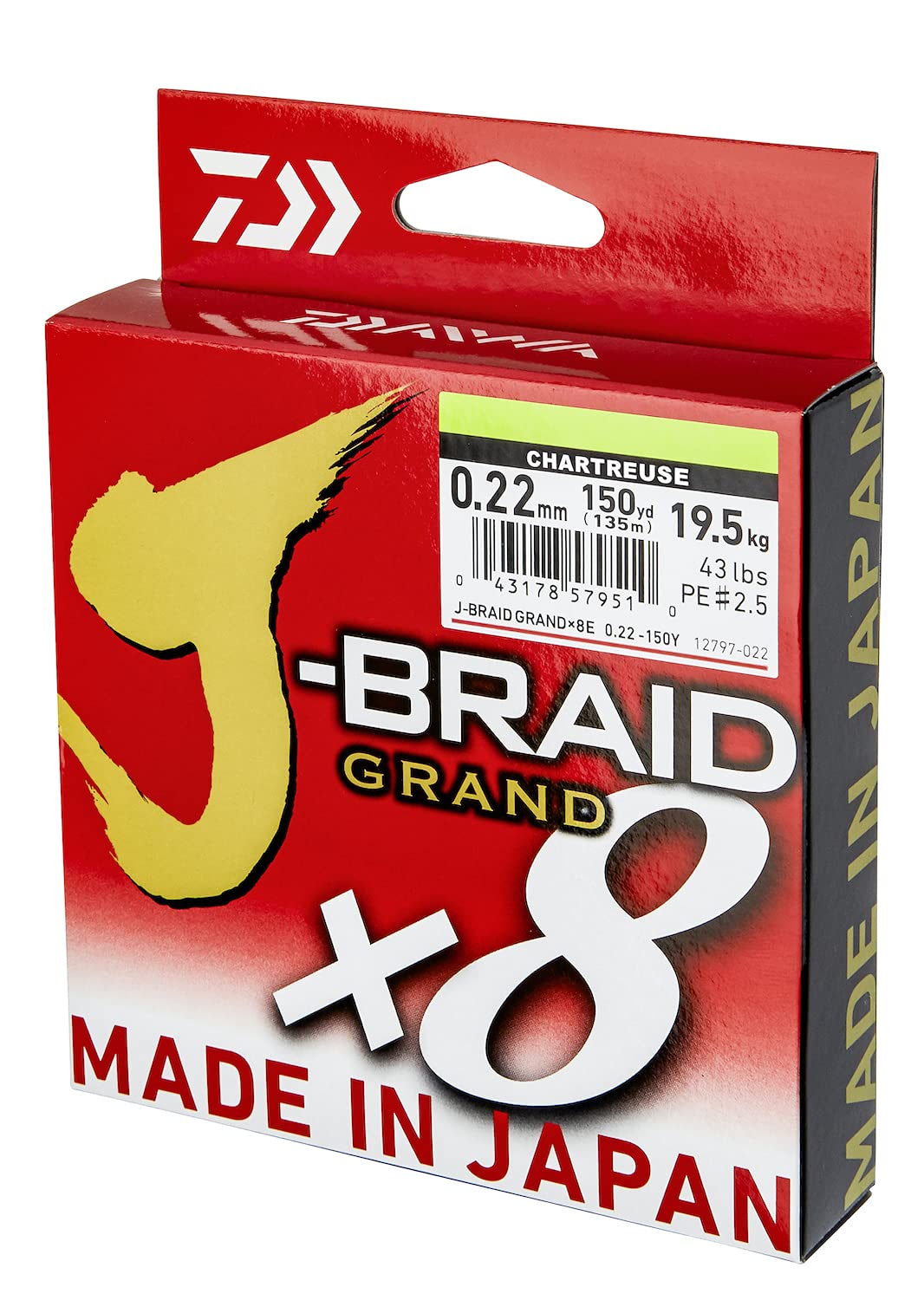 Daiwa J-Braid Grand x8E, 270m, Chartreuse, Geflochtene Angelschnur 270m/0.08mm, 270m/0.08mm