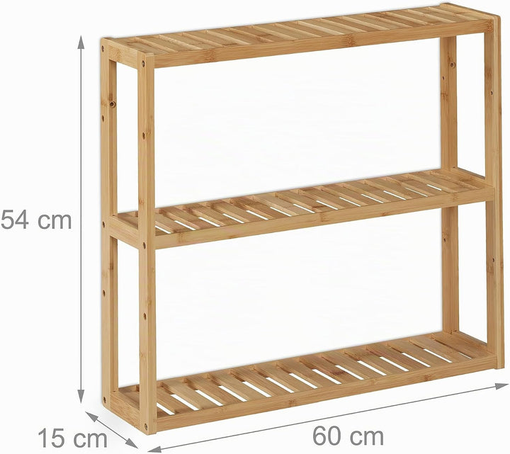 Relaxdays Badregal Bambus, 3 Ablagen, schmales Hängeregal, Natur | höhenverstellbar, HBT: 54 x 60 x