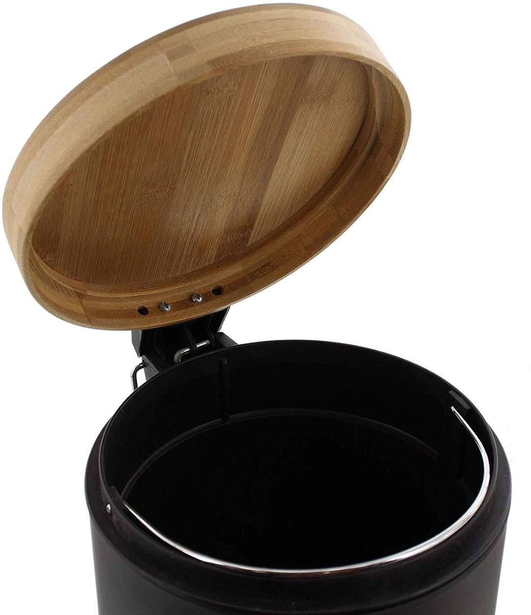 Dekoleidenschaft Treteimer matt-schwarz mit Deckel aus Bambus Holz, Bioeimer, Küchen-Abfalleimer, Ko