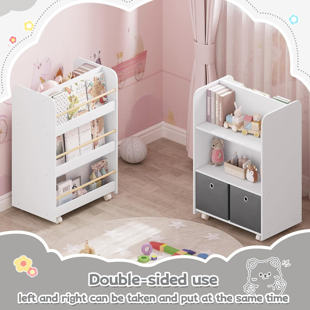 WOLTU Kinderregal beweglich, 2 in 1 Bücherregal Spielzeugregal, Kinder Regal mit Boxen, zweiseitiger