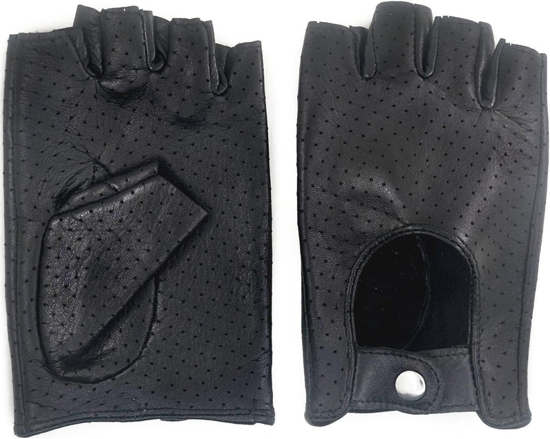 ZLUXURQ Herren-Lederhandschuhe Vollmaschige Fingerlose Halbfinger-Fahrhandschuhe, Large-9.5" Schwarz