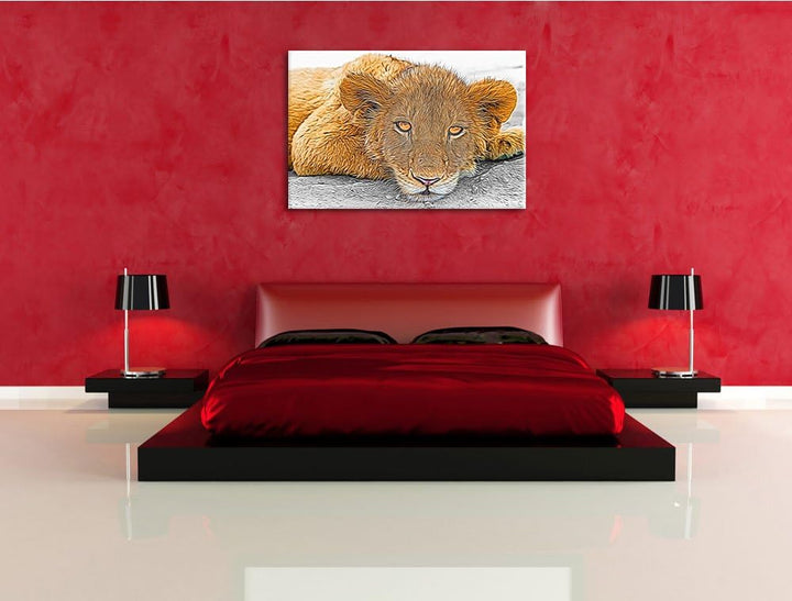 schläfriger junger Löwe schwarz/weiss Deluxe Format: 100x70 cm auf Leinwand, XXL riesige Bilder fert