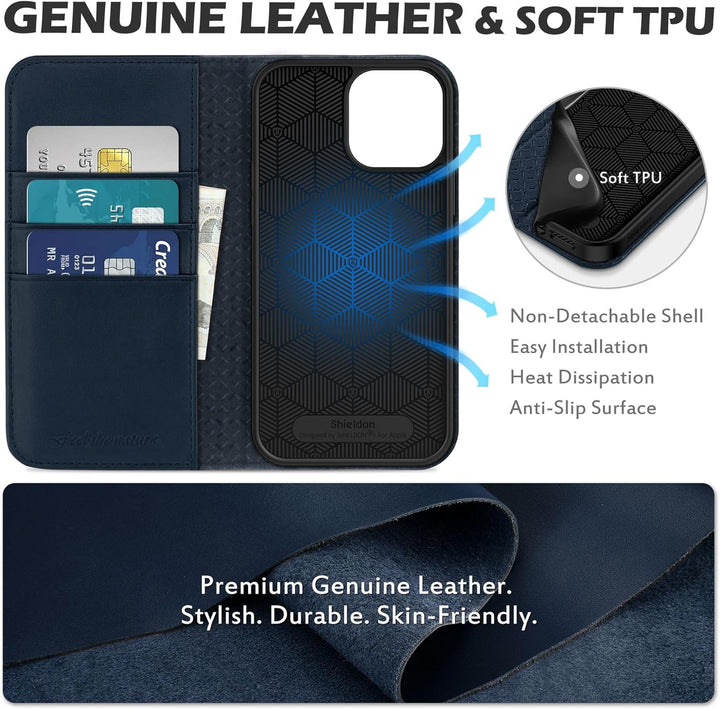 SHIELDON Hülle für iPhone 13 Pro Max, Schuzhülle [Echtleder] [Kartenfach] [Verdichtes TPU] Magnetisc