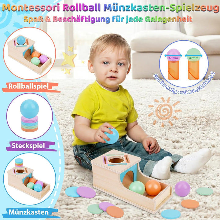 FCSONU Kinder Montessori Spielzeug ab 1 2 3 Jahre Jungen Mädchen, Holz Objektpermanenz Box Kugelbahn