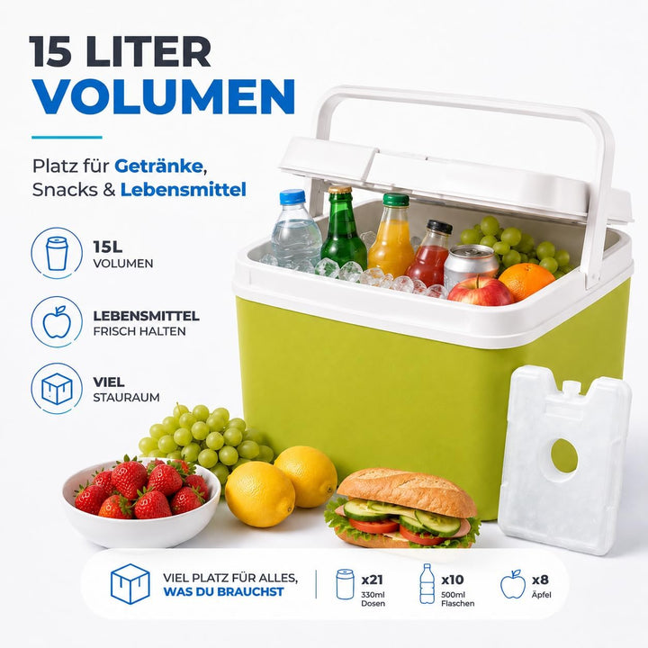 Kühlbox 15 Liter mit mobilen Kühlakku/Kühlelement für extra Lange Kühlung - Kühltasche/Thermobox Grü