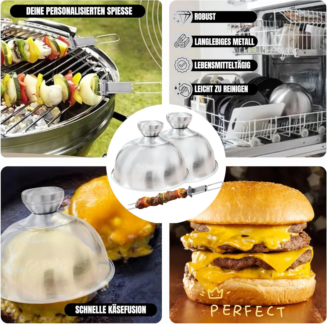Pukpu - Smash Burger Set - Inkl. Burgerpresse, 2 Grillspachtel, 2 Burgerglocke und Grillspiesse - Sm