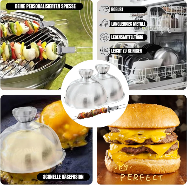 Pukpu - Smash Burger Set - Inkl. Burgerpresse, 2 Grillspachtel, 2 Burgerglocke und Grillspiesse - Sm