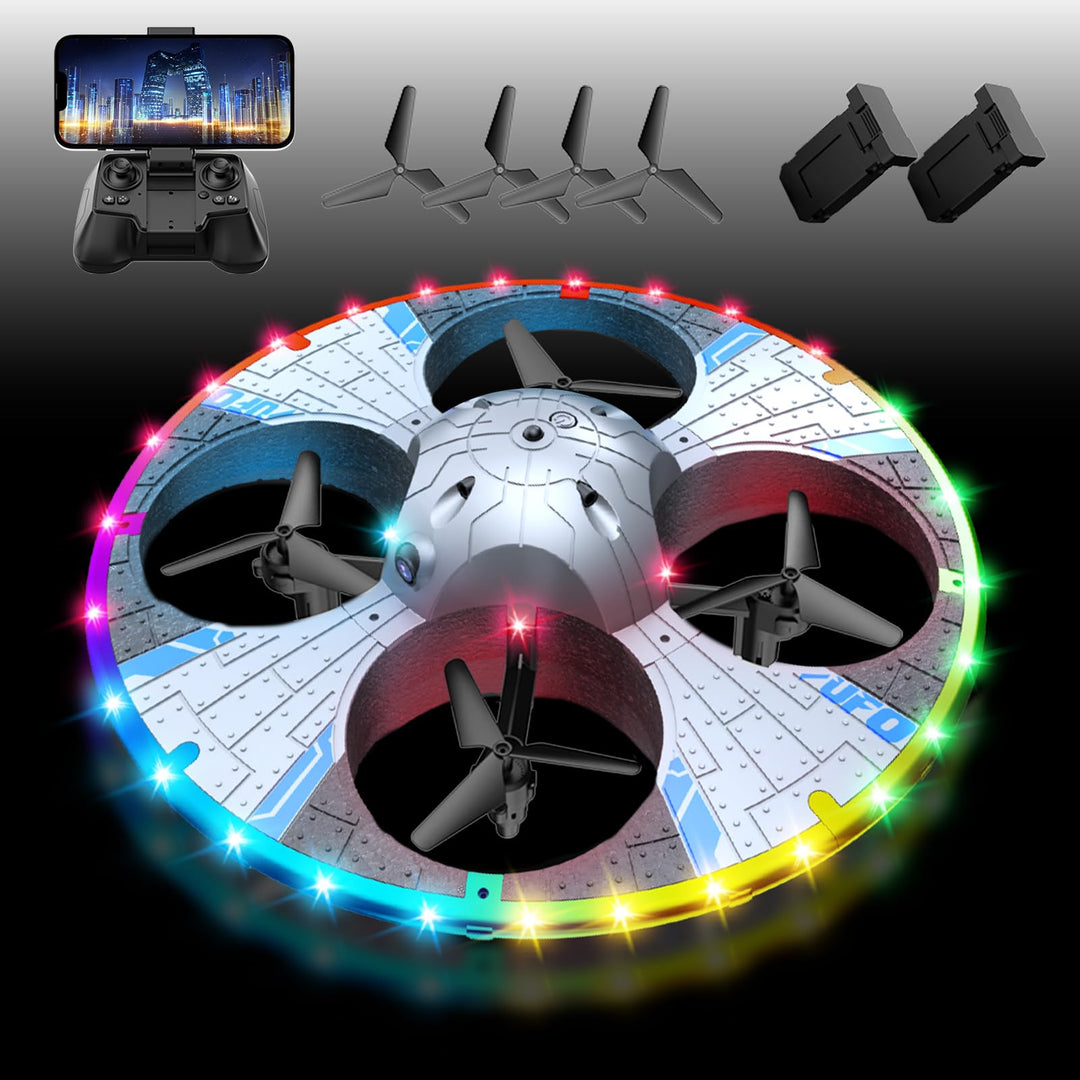 UFO Drohne mit Kamera, Drohne für Kinder und Anfänger mit Bunten LED-Lichtern, Kinder Quadrocopter F