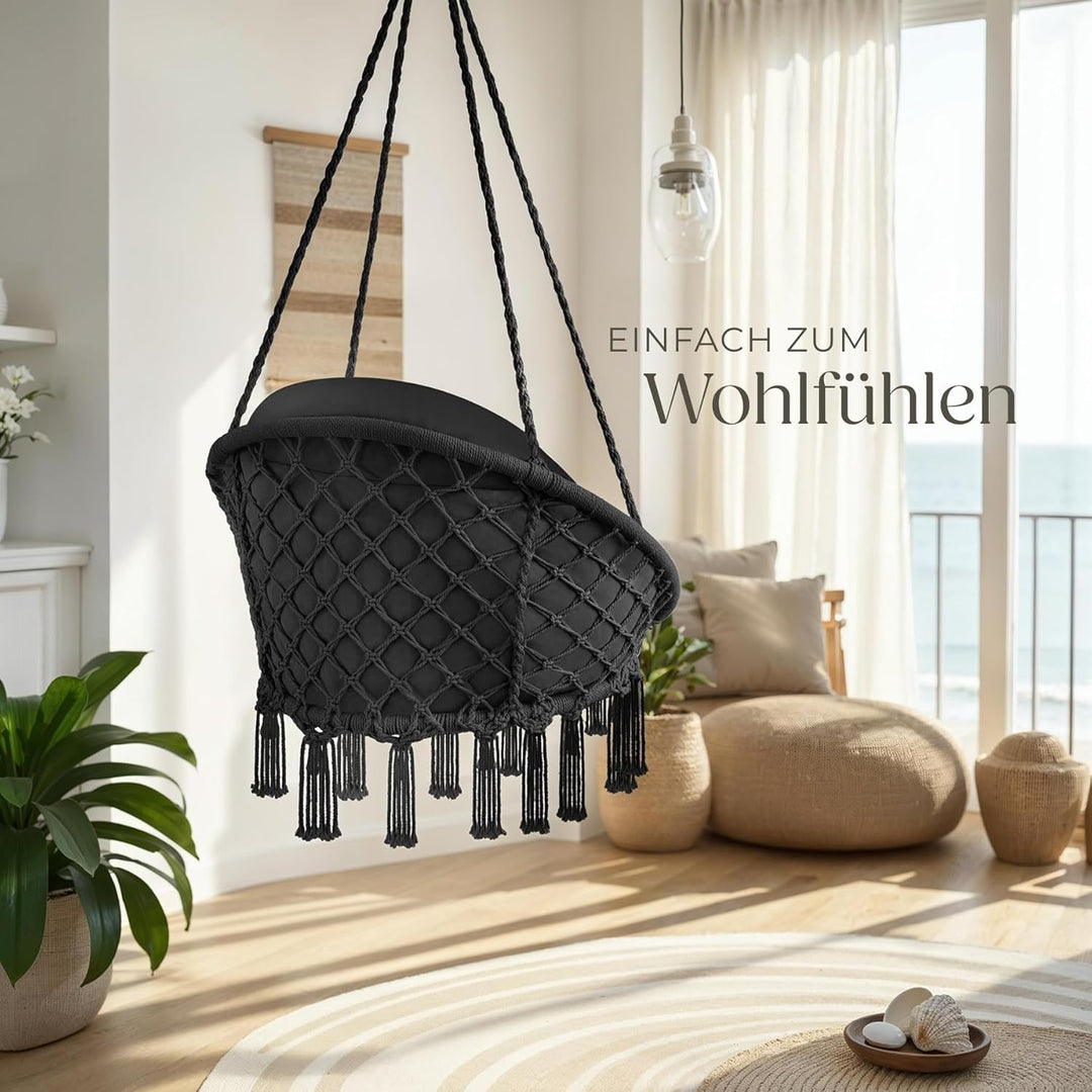 tectake® Hängesessel, Hängeschaukel mit dicken Kissen & Quasten, Boho Hängekorb Ø 80 cm, Hängesessel