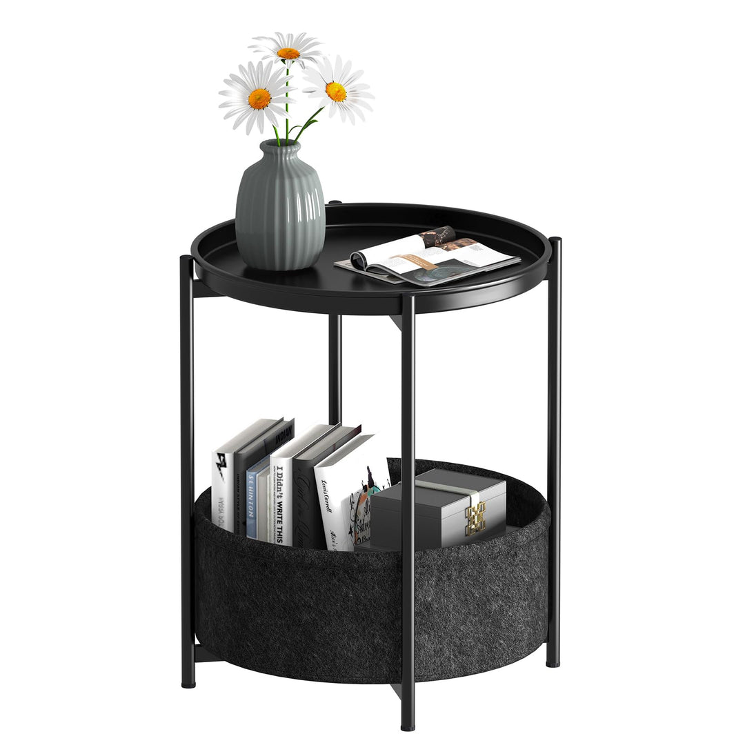 Beistelltisch Rund, Sofatisch 2 Ebenen, Metall Balkontisch, Kleiner Tisch, Couchtisch mit Korb aus S