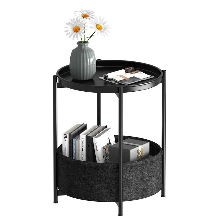 Beistelltisch Rund, Sofatisch 2 Ebenen, Metall Balkontisch, Kleiner Tisch, Couchtisch mit Korb aus S