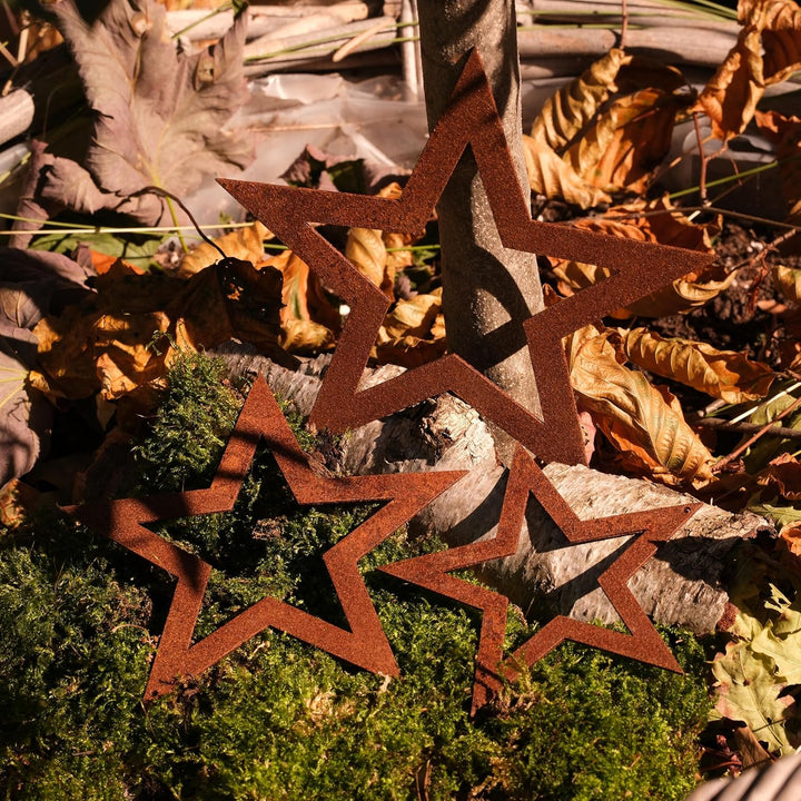 Deko Kind - Rostige Sterne 3er Set - Premium Edelrost Qualität - Rost Gartenstecker - Metallstern -