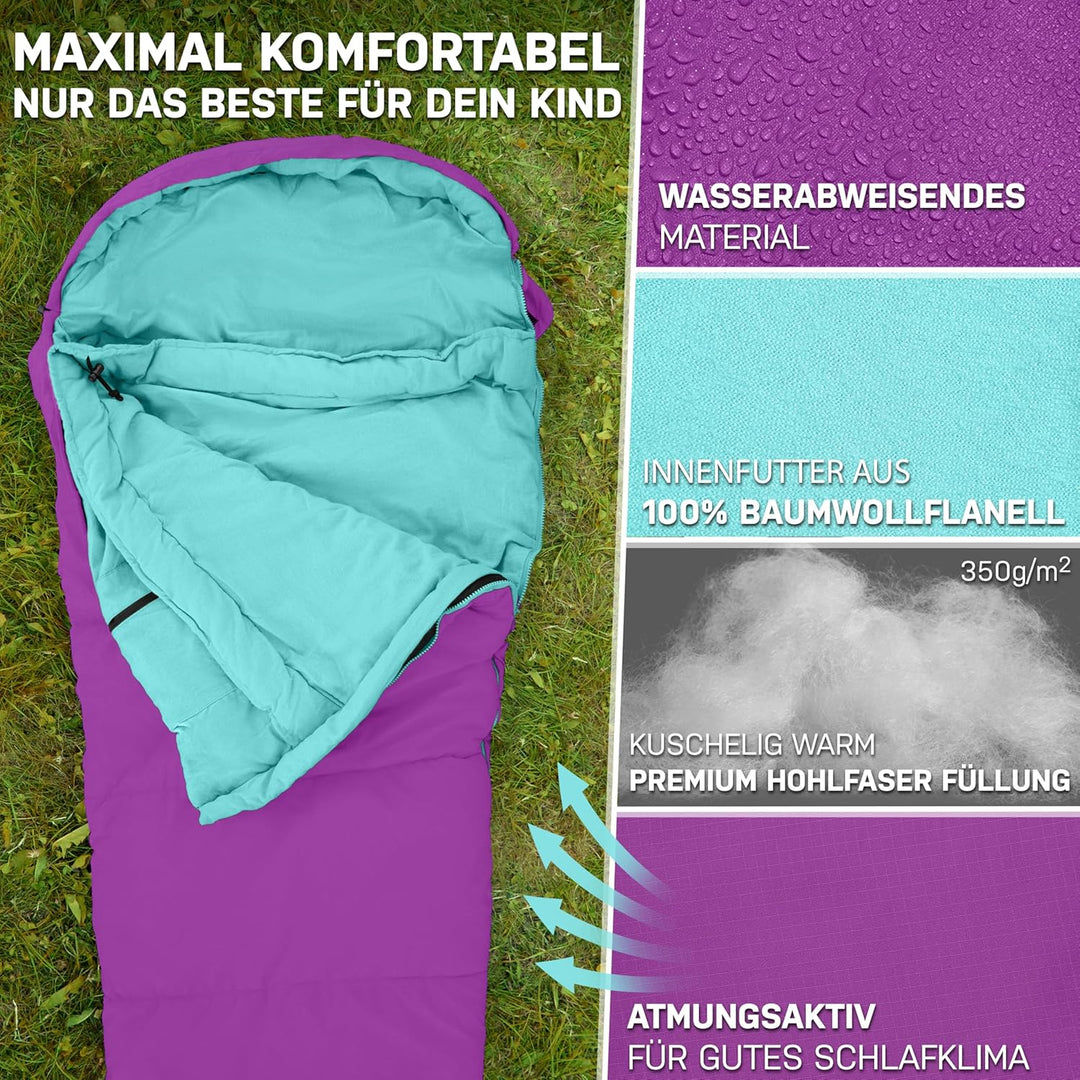 NORDBÄR® Kinderschlafsack für Jungs & Mädchen bis 145 cm Körpergrösse | Innenfutter aus 100% Baumwol