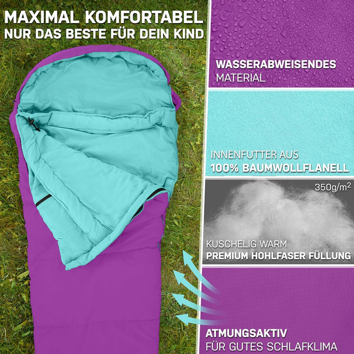 NORDBÄR® Kinderschlafsack für Jungs & Mädchen bis 145 cm Körpergrösse | Innenfutter aus 100% Baumwol
