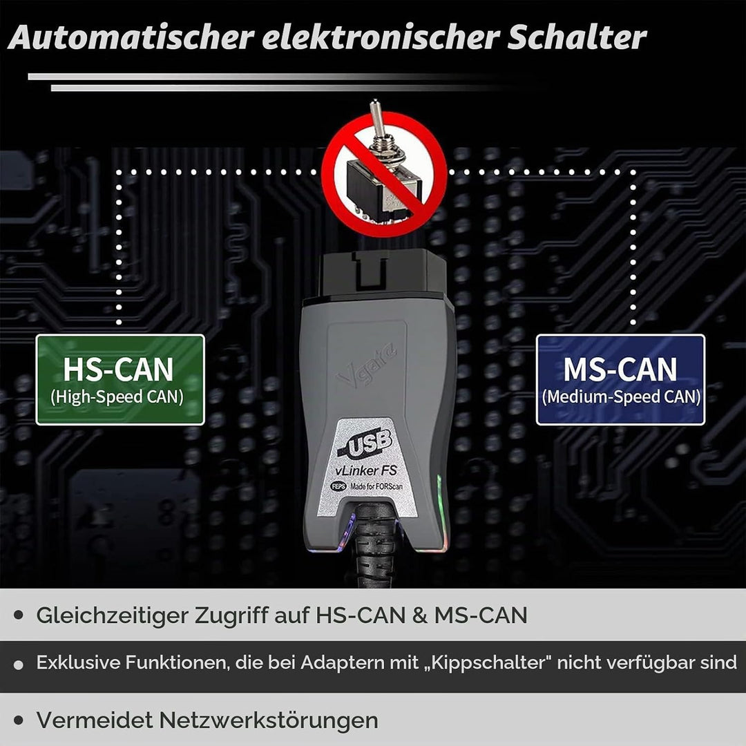 JUTA VLINKER FS OBD2 USB Adapter OBD-II Diagnosegerät für FORSscan mit HS/MS-CAN Auto Switch