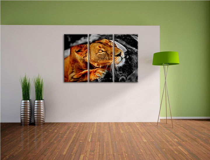 listige Löwin schwarz/weiss Deluxe 3-Teiler Leinwandbild 120x80 Bild auf Leinwand, XXL riesige Bilde