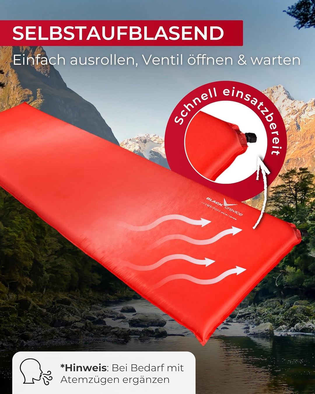 Black Crevice selbstaufblasbare Luftmatratze I Isomatte selbstaufblasend I Outdoor-Isomatte I aufbla