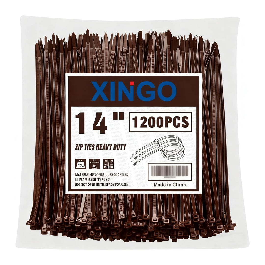 XINGO 35,6 cm braune Kabelbinder, 1200 Stück, 34 kg, ultrastarke Zugfestigkeit, UV-beständige Kabelb