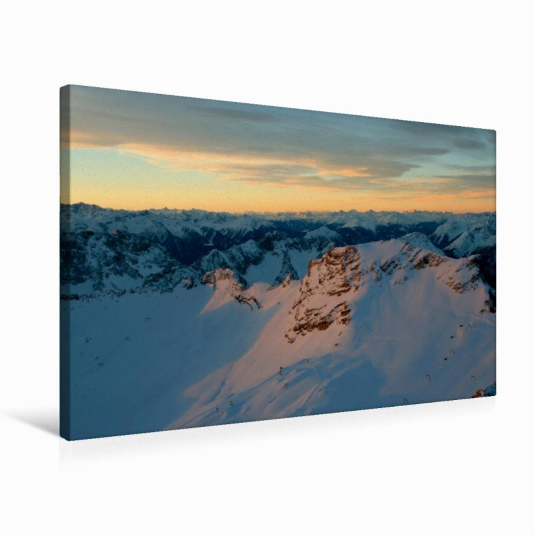 Premium Textil-Leinwand 75 x 50 cm Quer-Format Ausblick von der Zugspitze früh am Morgen | Wandbild,