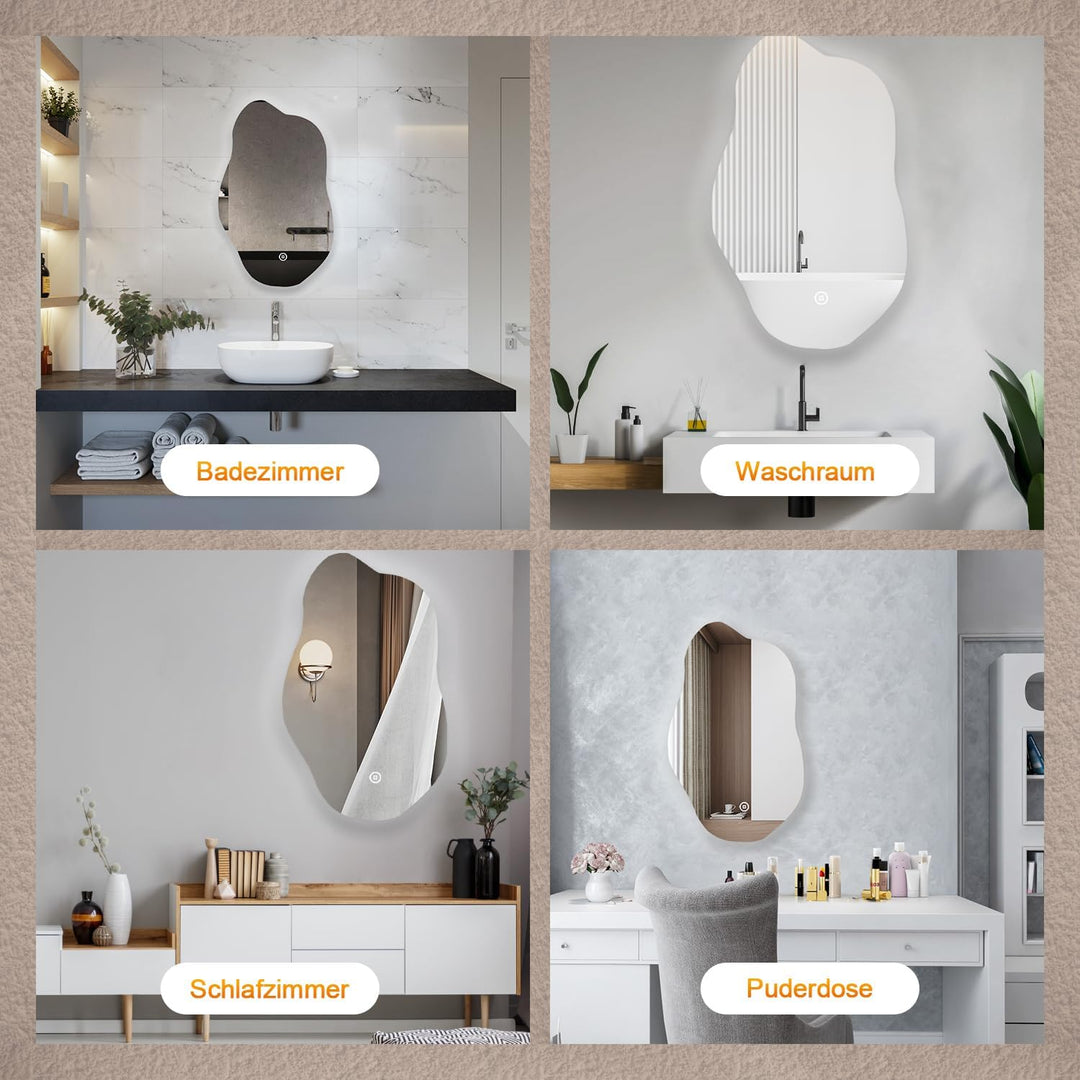 Boromal Asymmetrischer Badspiegel mit Beleuchtung 62x90cm LED Asymmetrischer Spiegel mit Beleuchtung