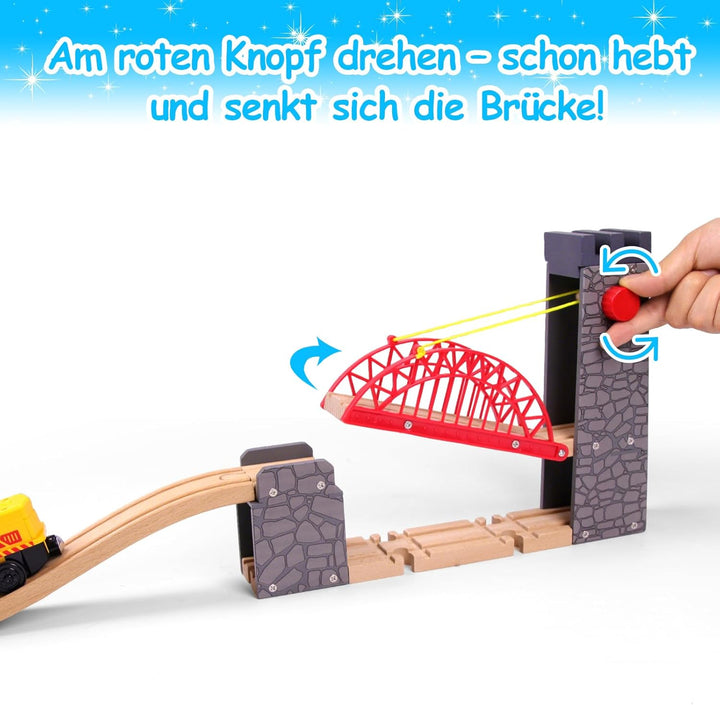 Hebebrücke für Holzeisenbahn, kompatibel mit Allen gängigen Holzeisenbahn-Systemen, Holzschienen-Zub
