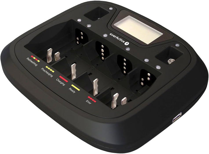 everActive Ladegerät für 8 Akkus AAA AA C D 9V, universal und schnell, vollautomatisch, LCD mit proz