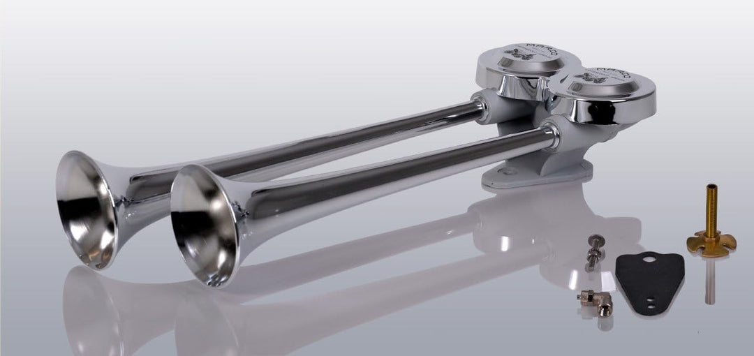 Marco LKW Druckluft Doppelhorn 38cm und 42cm lang (Trichter aus hochglanzverchromten Messing) + Magn