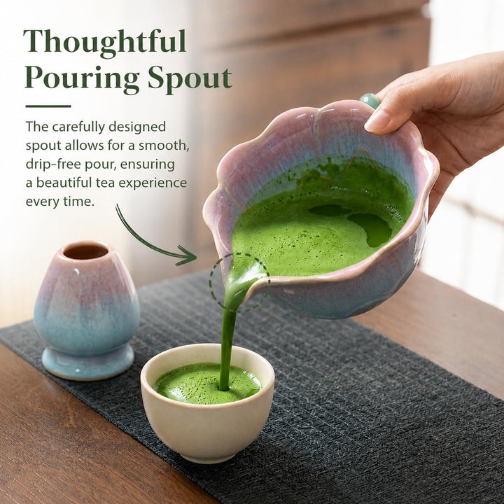Matcha Set 5-teilig, Matcha Schale mit Ausgiesser in Blumenform Blau Rosa, Chasen, Bambusbesen, Chas