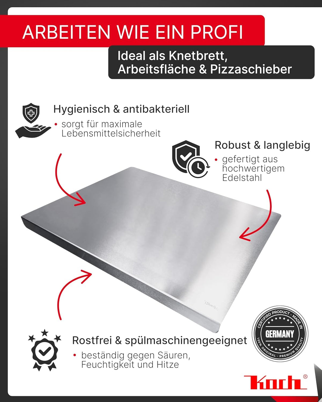 Koch Arbeitsplatte Edelstahl I 50 x 40 cm I Arbeitsfläche, Schneidebrett & Knetbrett mit Anschlagkan