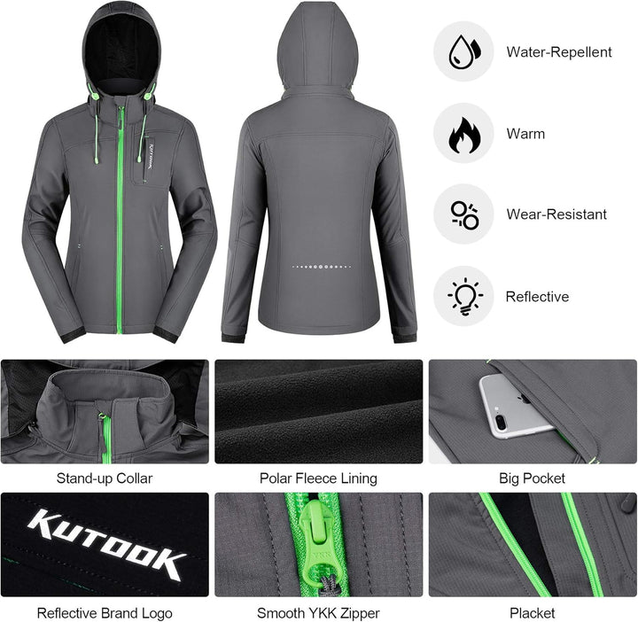KUTOOK Wasserdicht Softshelljacke Damen Lange Ärmel 5 Taschen grosse Kapazität Jacke mit Kapuze für