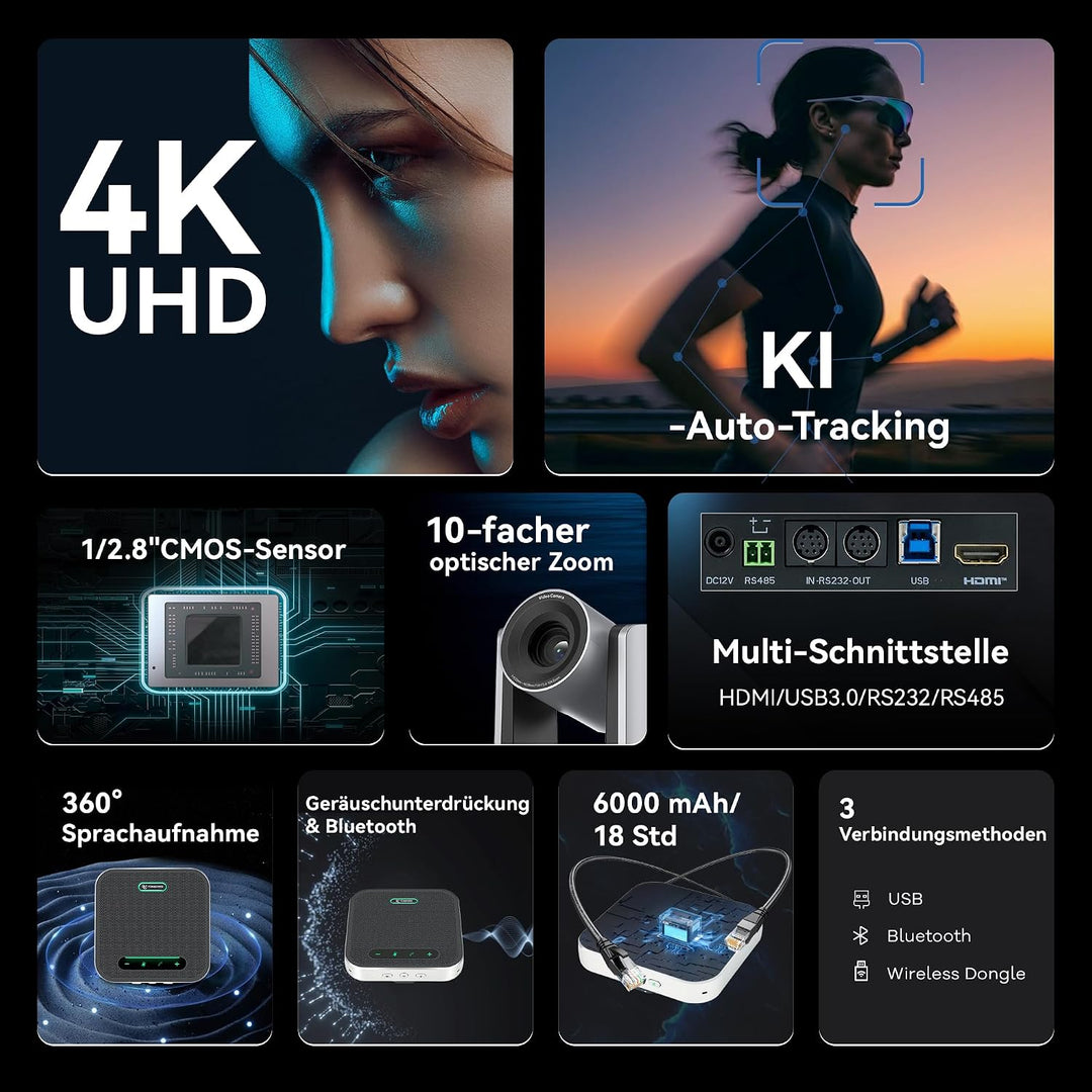 TONGVEO 4K PTZ Kamera Konferenzsystem，10X Zoom AI Auto-Tracking Kamera &amp; Bluetooth Speakerphone, USB