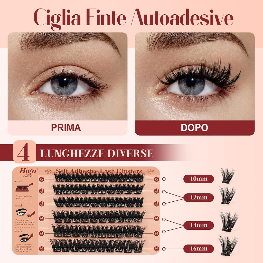 Higu Clace Selbstklebende Wimpern, D-Curl, Set mit vorgeklebten Wimpern Mix 10-16 mm, ohne Kleber un