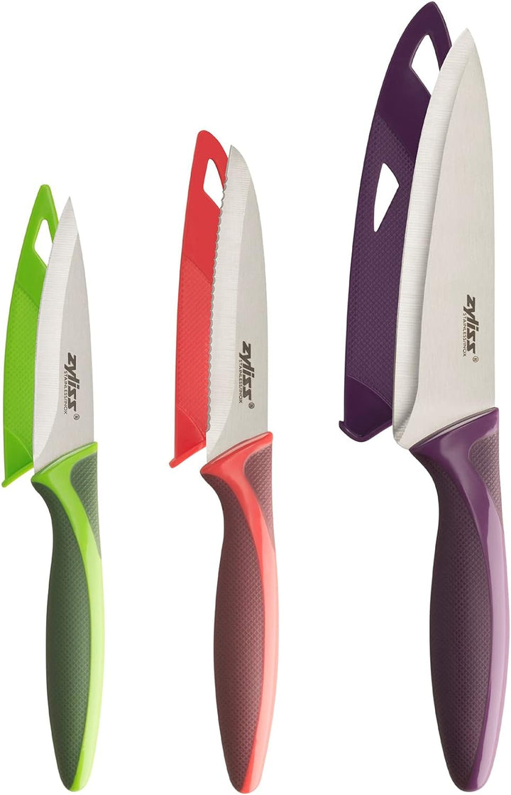 Zyliss E72404 Messer Set 3-Teilig, 9cm/10cm/14cm, Grün/Rot/Lila, Küchenmesser-Set Allzweckmesser/Sch