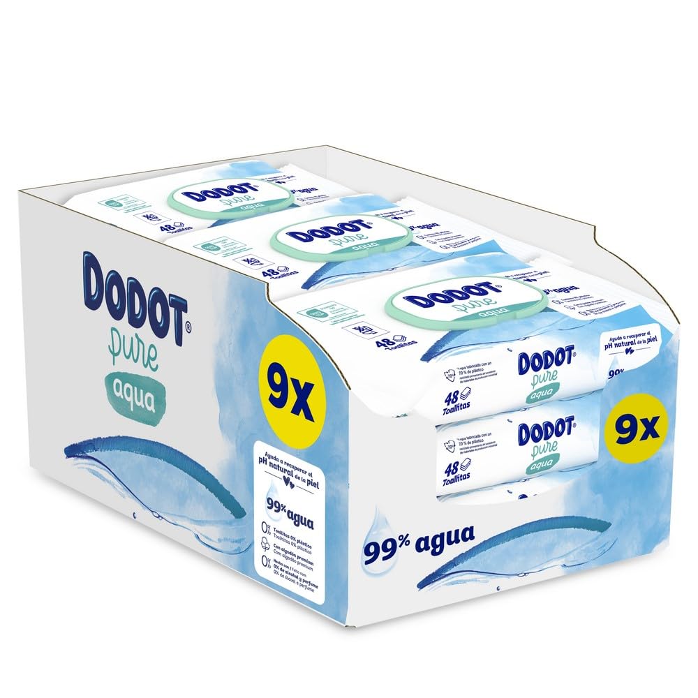 Dodot Pure Aqua Baby Reinigungstücher, 9 Packungen mit 48 Stück = 432 Tücher, hilft bei der Wiederhe