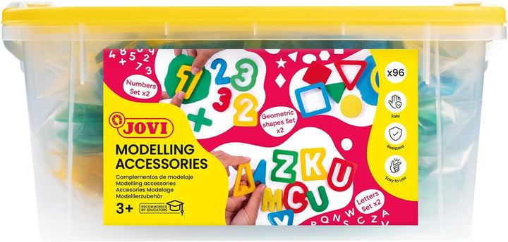 Jovi Truhe mit Buchstaben, Zahlen und geometrischen Formen, mehrfarbig, 96 Stück