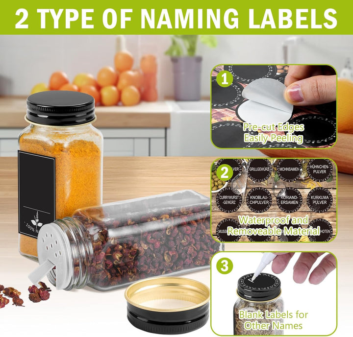 UISEBRT Gewürzgläser Eckig Set 12/24er Gewürzbehälter mit Etiketten Spice Jars Gewürzdosen Glas 120M