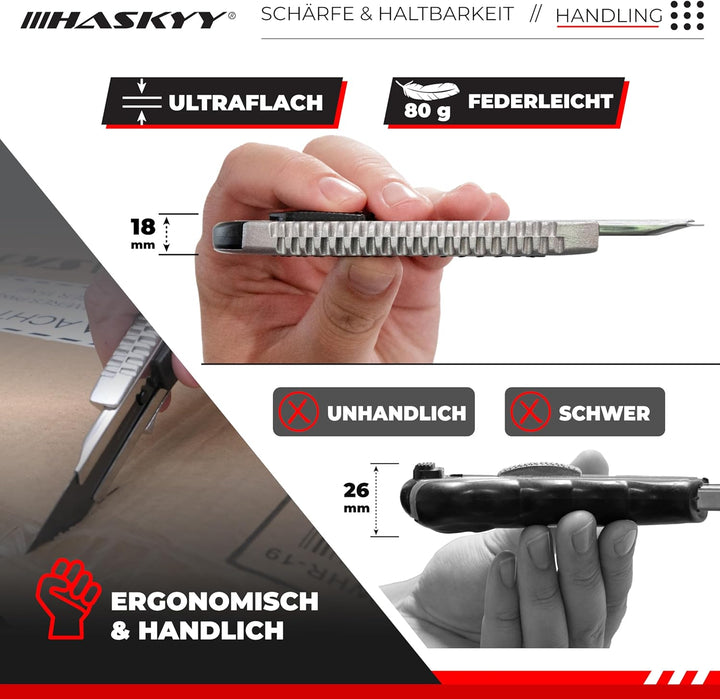 HASKYY Cuttermesser Teppichmesser Kartonmesser 10x Cutter mit 100x SK5 8-Segment-Klingen 18mm Ergono