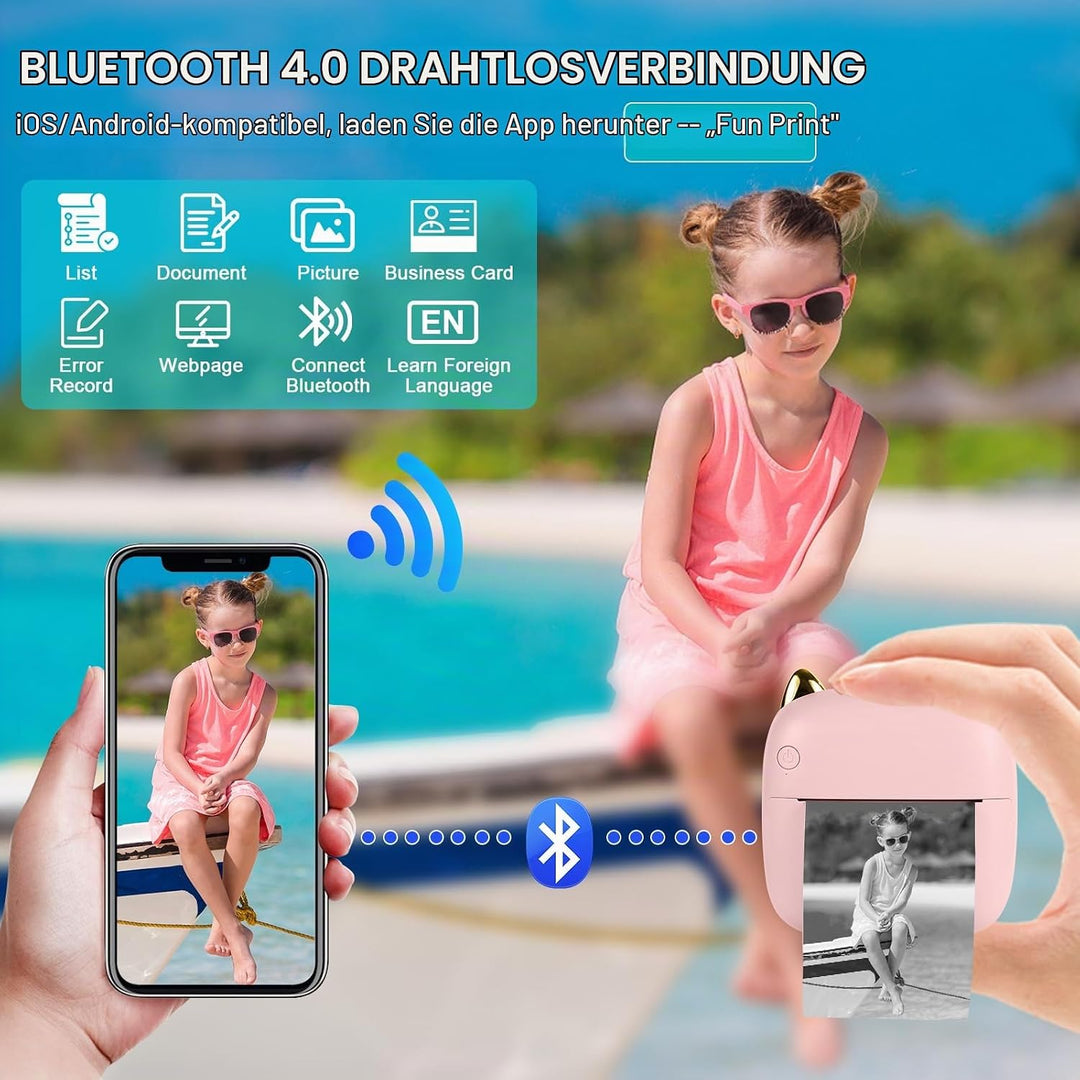 GuKKK Mini Drucker, Mobiler Fotodrucker, Tragbarer 7 Farben LED, Wireless Thermodrucker, 10 Rollen D
