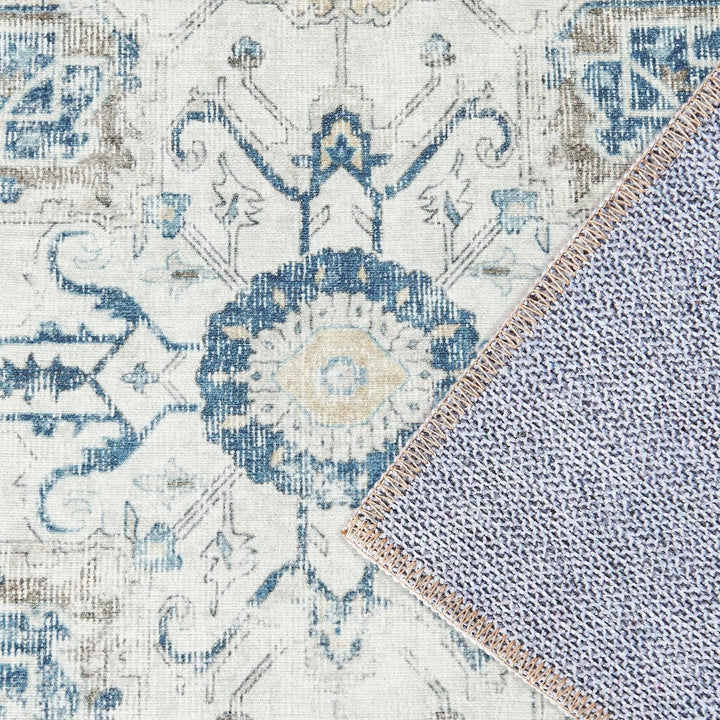 TOPICK Blau Läufer 60x300cm Flur Floral Teppich Waschbar Superdünne Vintage Blumenteppich Kurzflor O